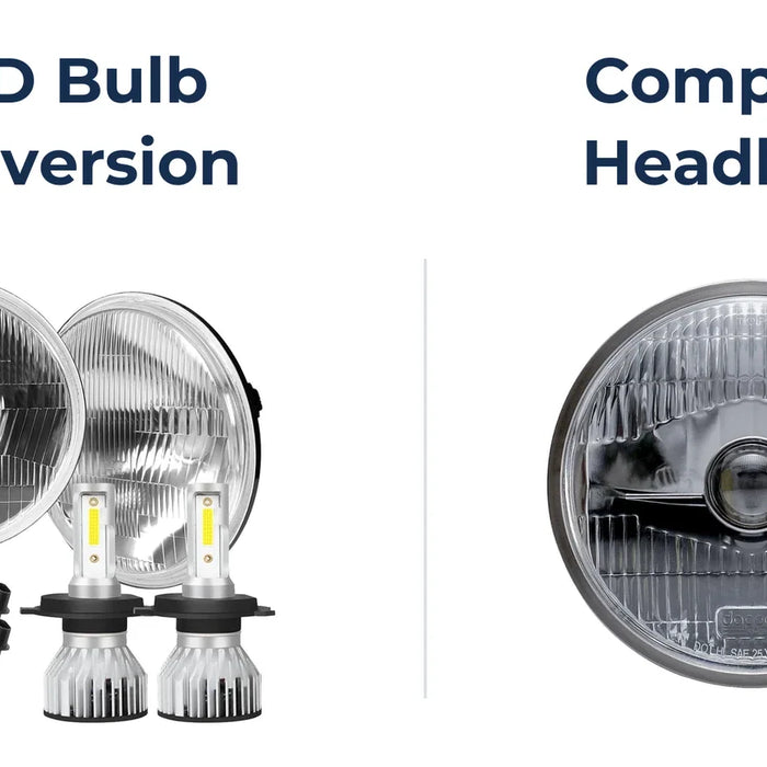 H4 LED bulb conversion parts beside a complete OE7 LED headlight.