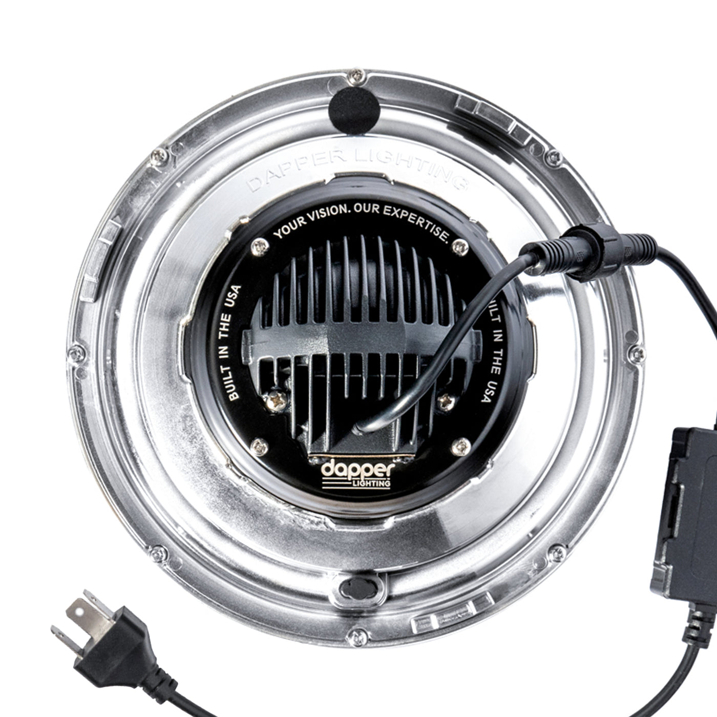 Rear view of the LED Seven 2.0 showing the central cooling assembly and headlight connection.