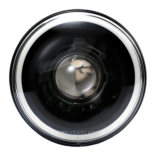 Black V2 projector headlamp with clear curved glass and outer HDR halo only, shown unlit