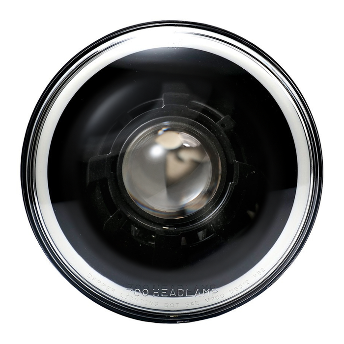 Black V2 projector headlamp with clear curved glass and outer HDR halo only, shown unlit