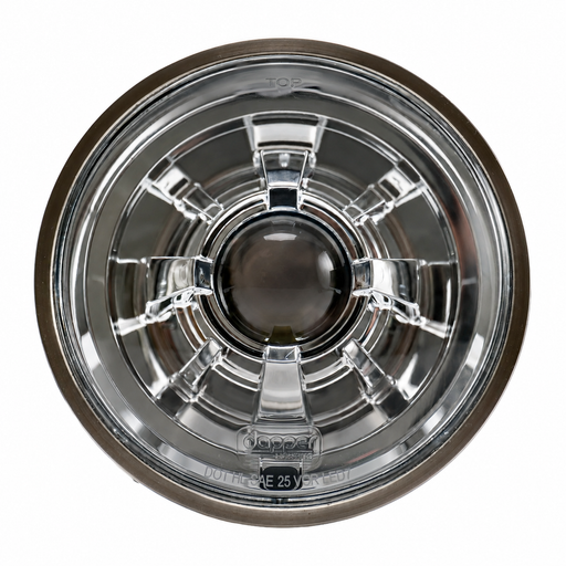 Chrome LED Seven 2.0 headlight with curved clear glass and no halo, front view.