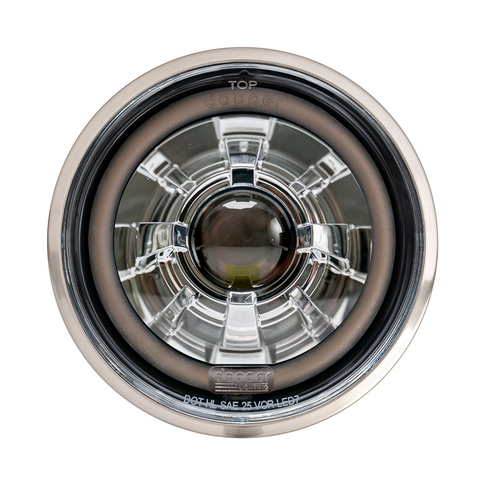 Chrome LED Seven 2.0 headlight with curved clear glass and an unlit smoked HDR halo.