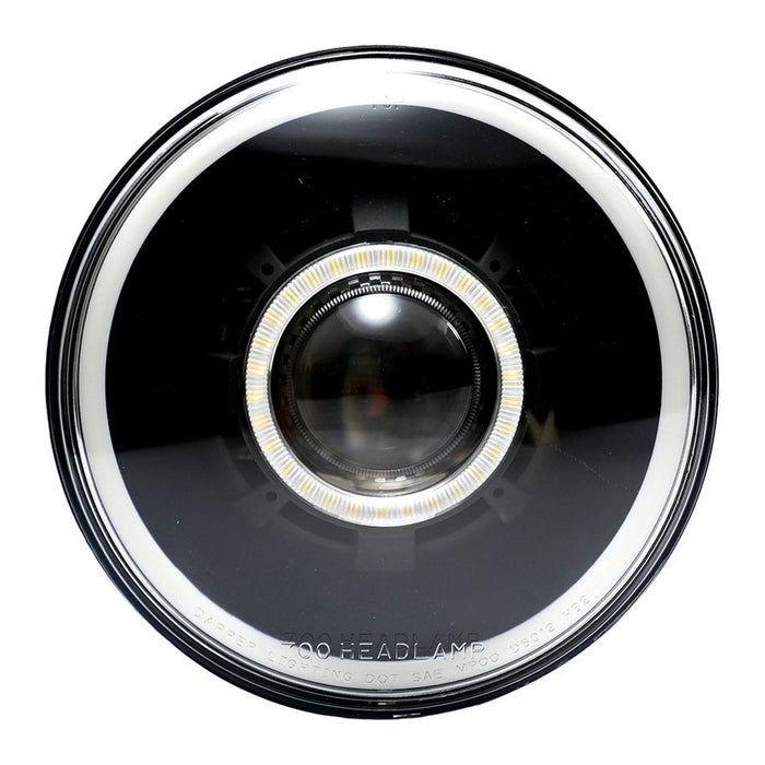 Black V2 projector headlamp with clear glass, inner white halo and outer HDR halo, both halos off